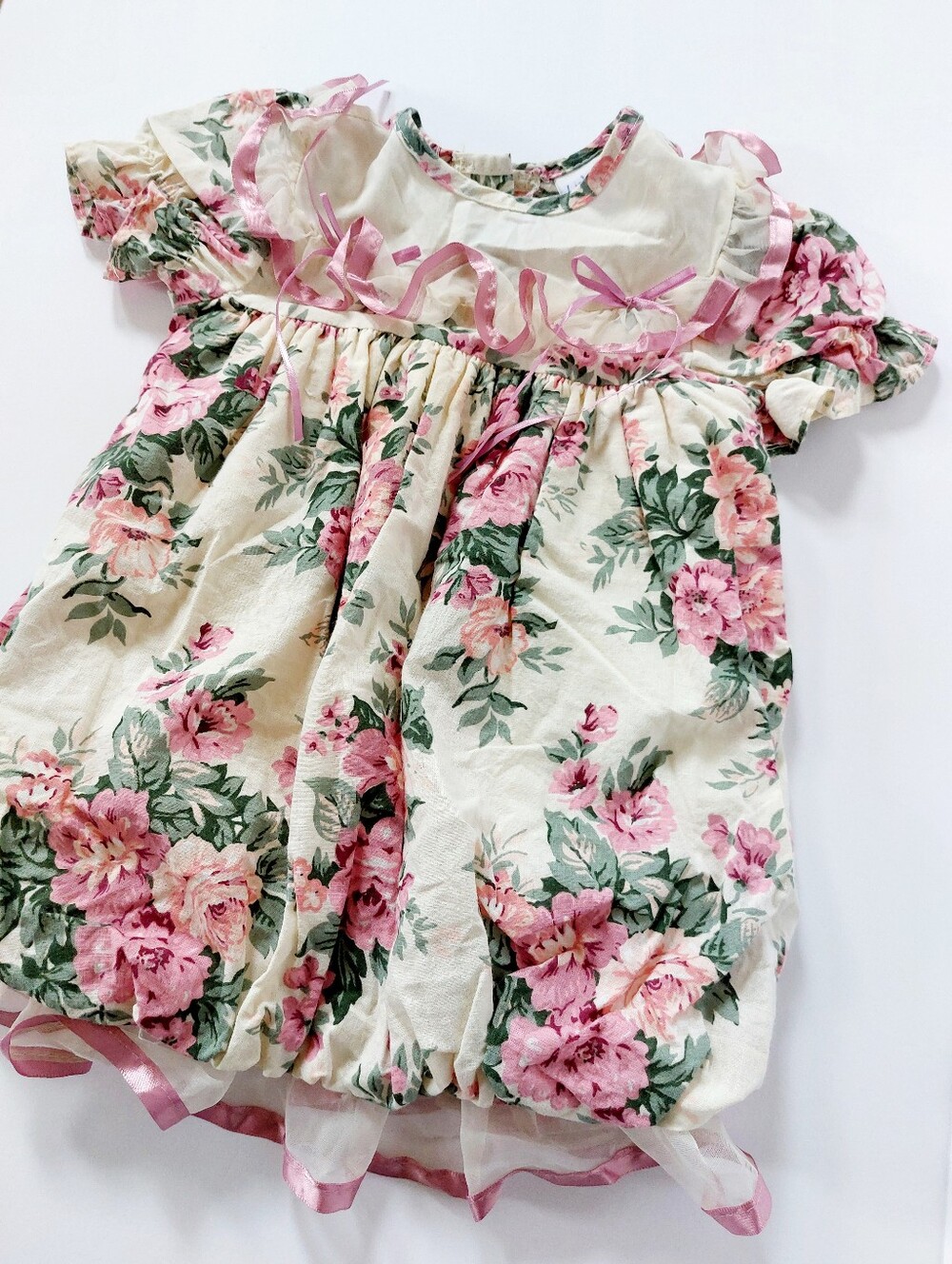 90s Cream & Pink Floral Dress 12m Lightning Bug Cottagecore Victorian
